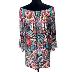 Vibrant Multicolor Off-Shoulder Stretchy Tunic Top - Size 2X